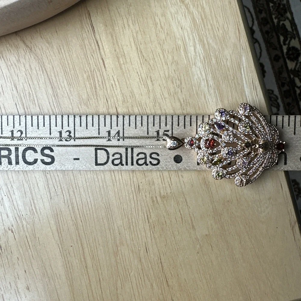 VTG Peacock Pendant Necklace 15 Inch Multi Lab Created Gems Sterling Italy Chain